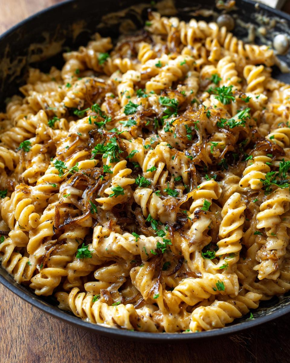 Close-up of creamy french onion pasta made with fusilli noodles, caramelized onions, and parsley.
