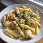 A bowl of creamy garlic parmesan chicken pasta featuring penne, grilled chicken pieces, and fresh parsley garnish.