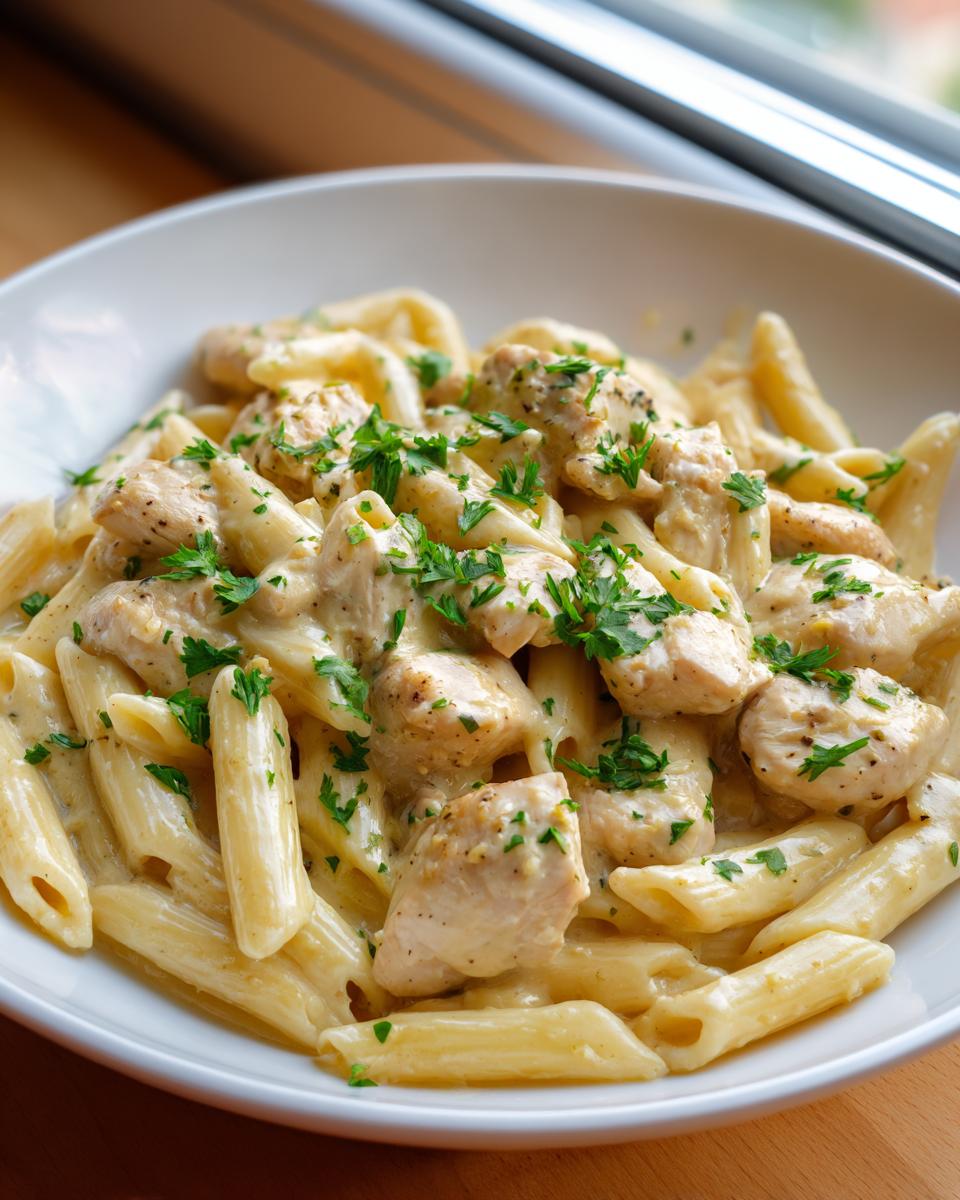 Close-up of creamy pasta with chicken chunks coated in a rich garlic parmesan sauce and topped with fresh parsley.