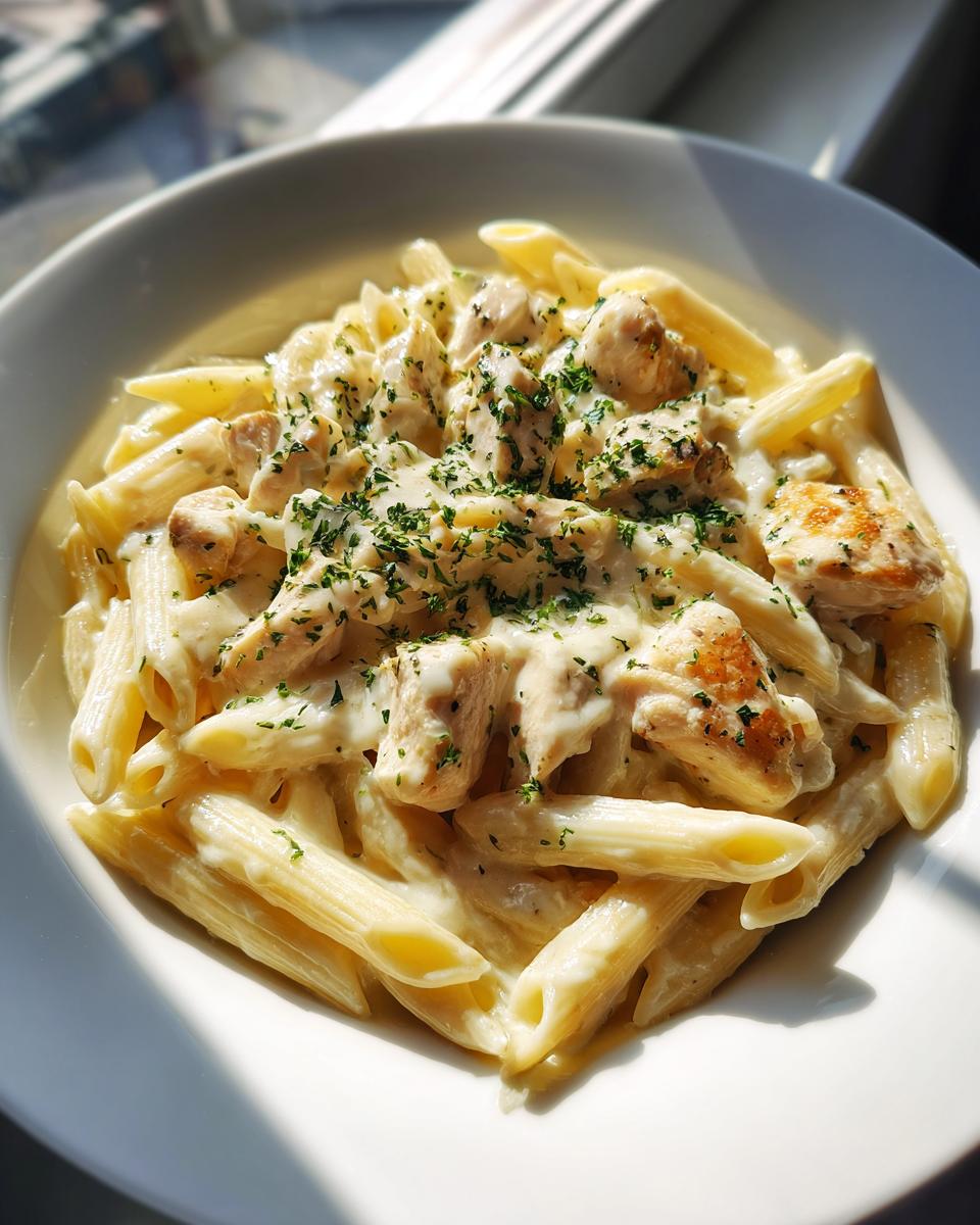 A bowl of creamy penne pasta topped with chunks of chicken and fresh parsley, featuring the rich garlic parmesan sauce.
