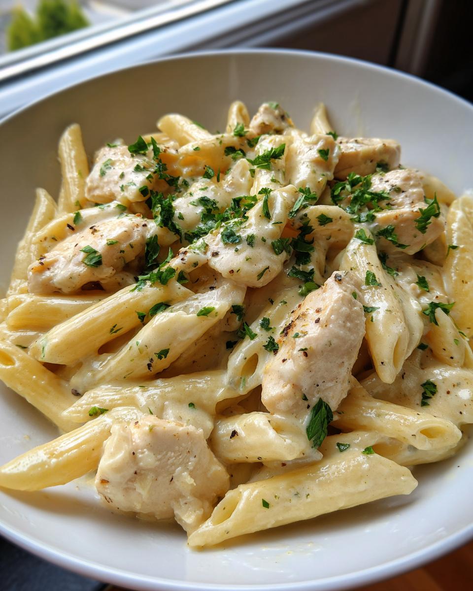 Close-up of penne pasta tossed in a creamy sauce with chicken chunks, garnished with parsley, featuring the garlic parmesan flavor.