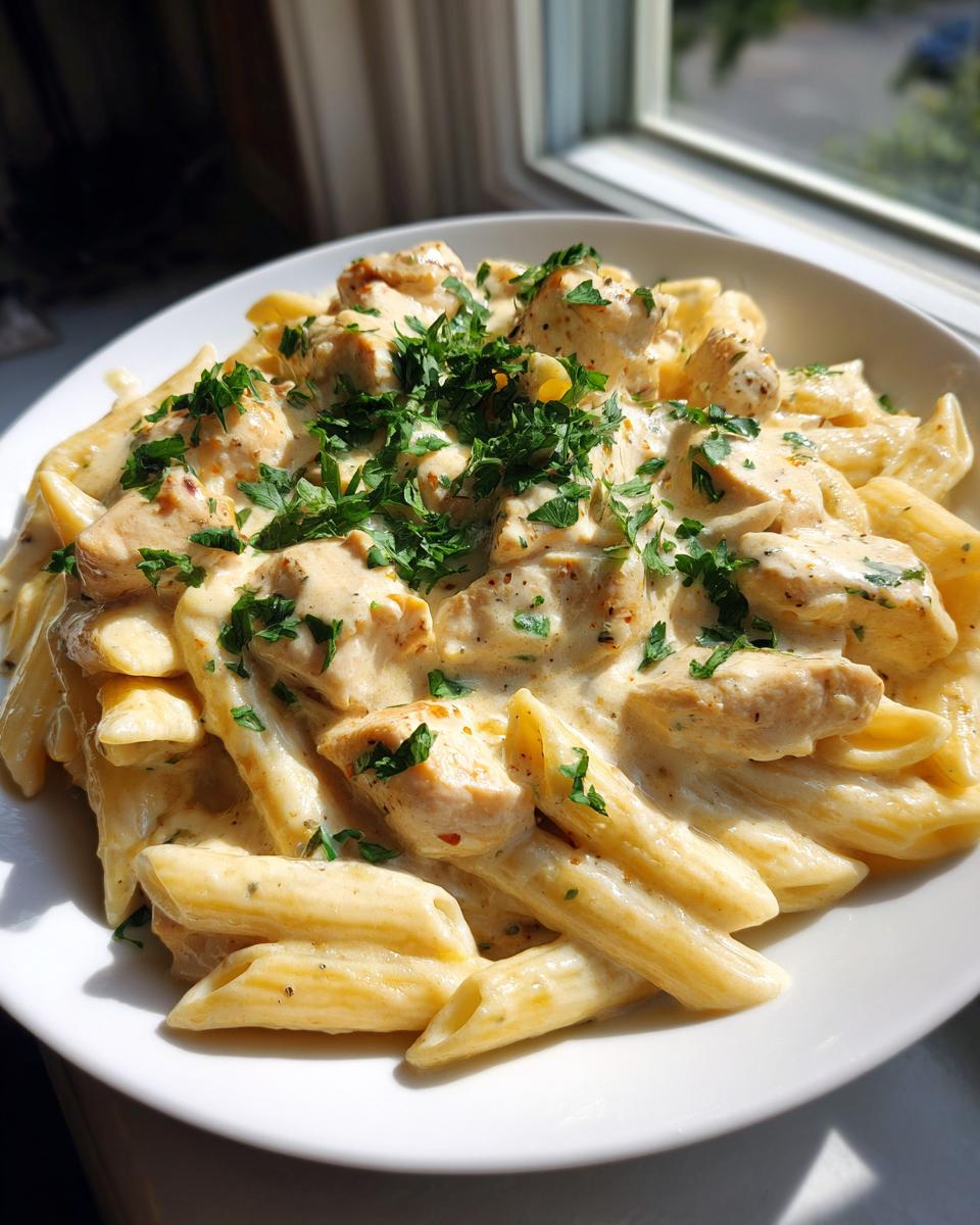 Close-up of creamy garlic parmesan chicken pasta with penne, topped with fresh parsley, served in a white bowl.