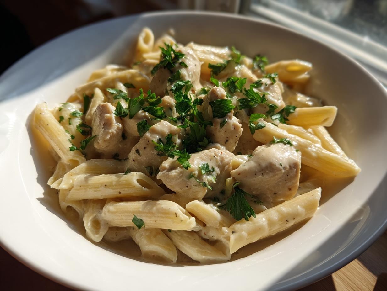 A close-up of creamy garlic parmesan chicken pasta with penne, topped with fresh parsley in a white bowl.