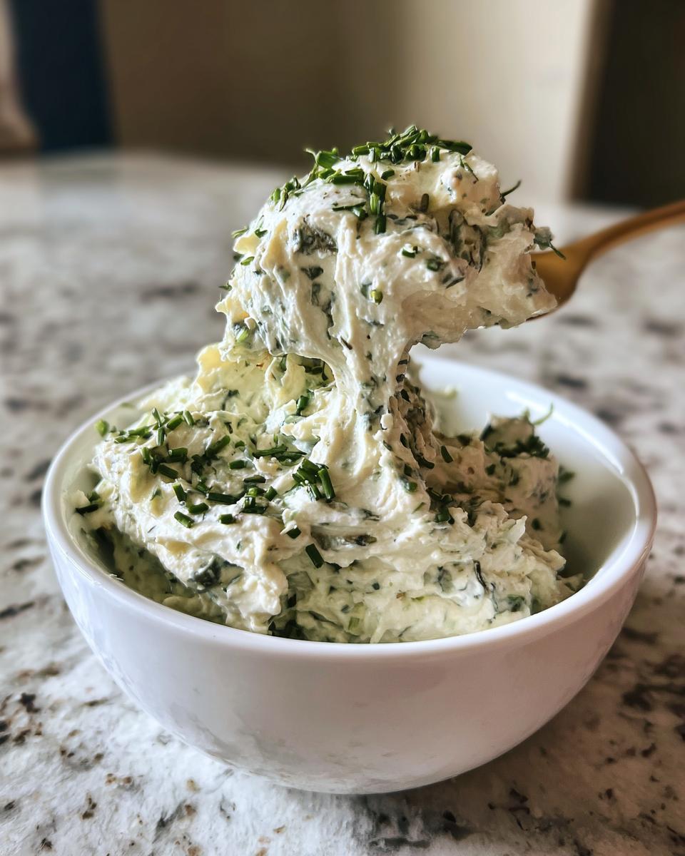 A golden spoon lifts a generous scoop of creamy, herbed olive dip topped with fresh chives from a white bowl.
