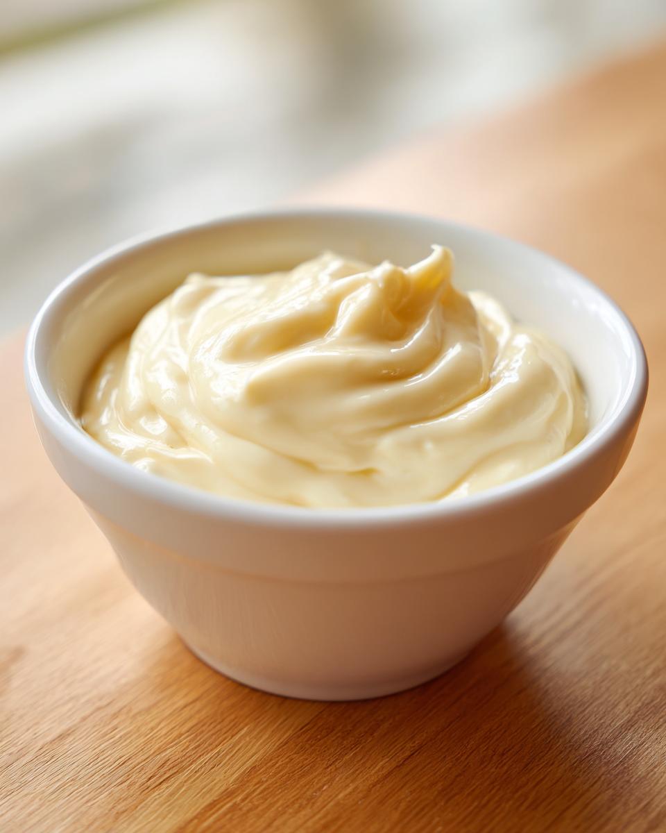 A close-up of thick, creamy homemade mayonnaise swirled in a small white bowl on a wooden surface.