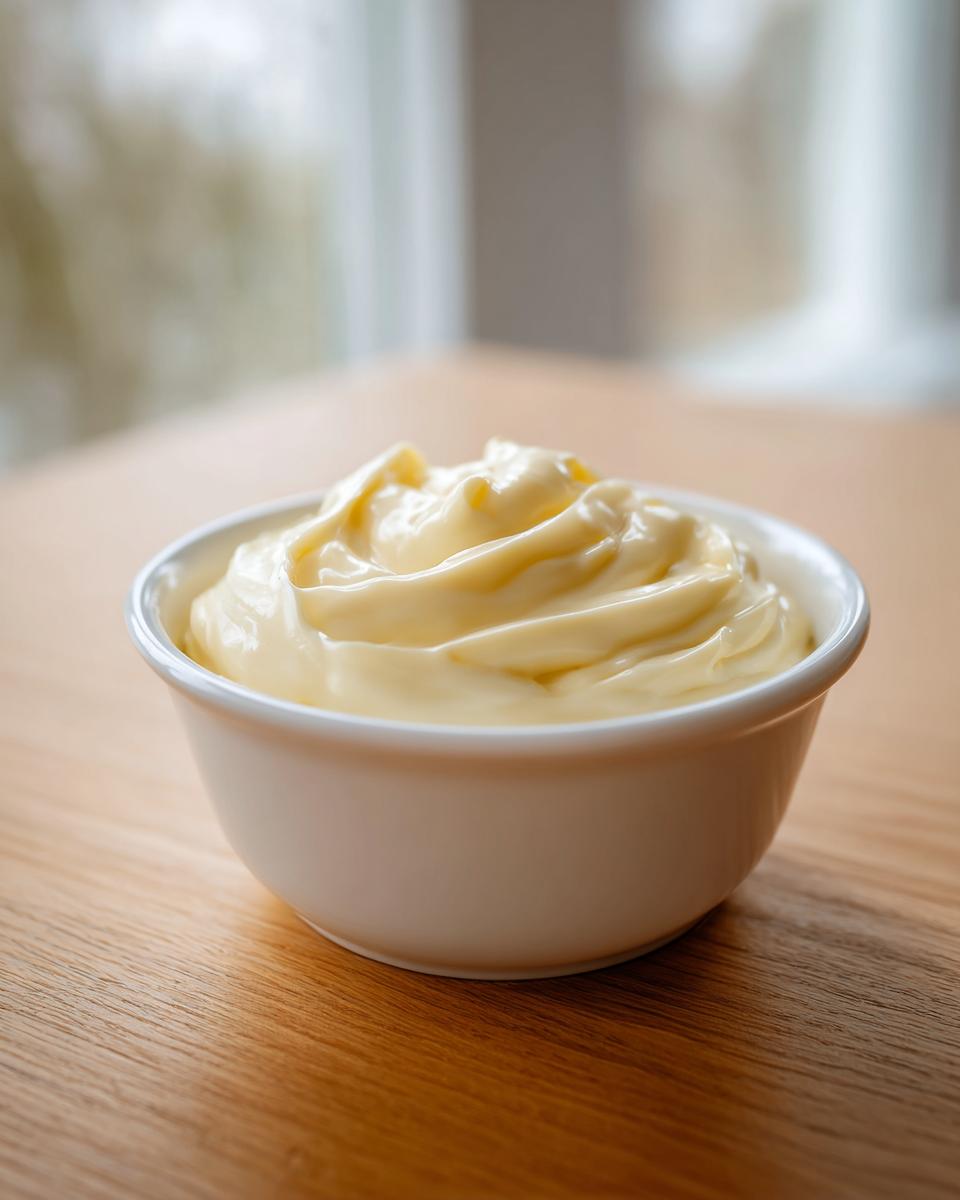A small white bowl filled with rich, creamy homemade mayonnaise sitting on a wooden table.