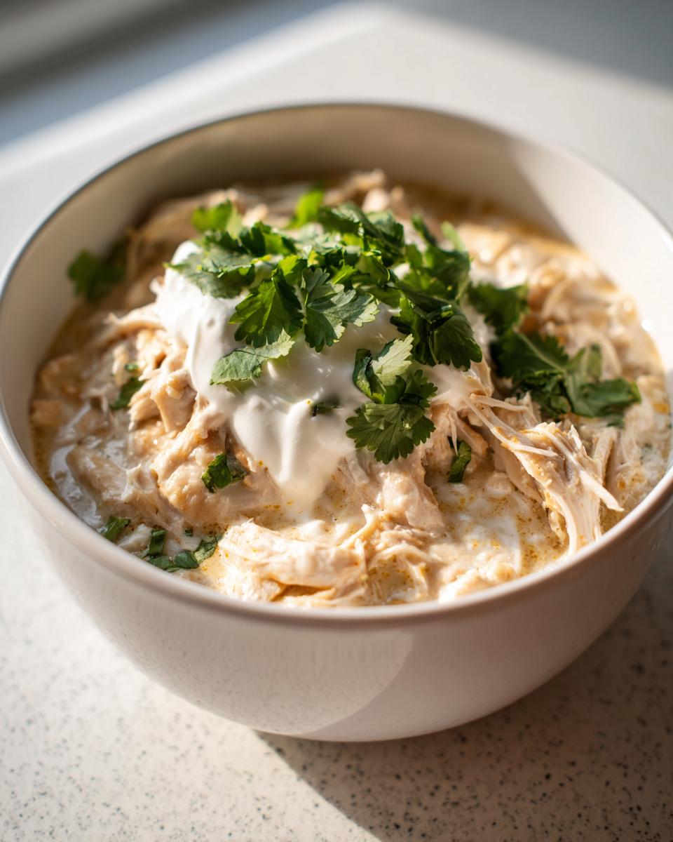 Close-up of a creamy keto white chicken chili topped with sour cream and fresh cilantro.