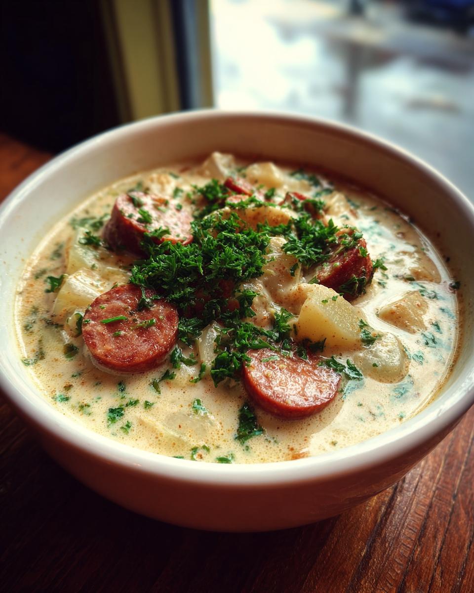 Close-up of a bowl of creamy kielbasa potato soup, topped with sliced sausage and fresh parsley.