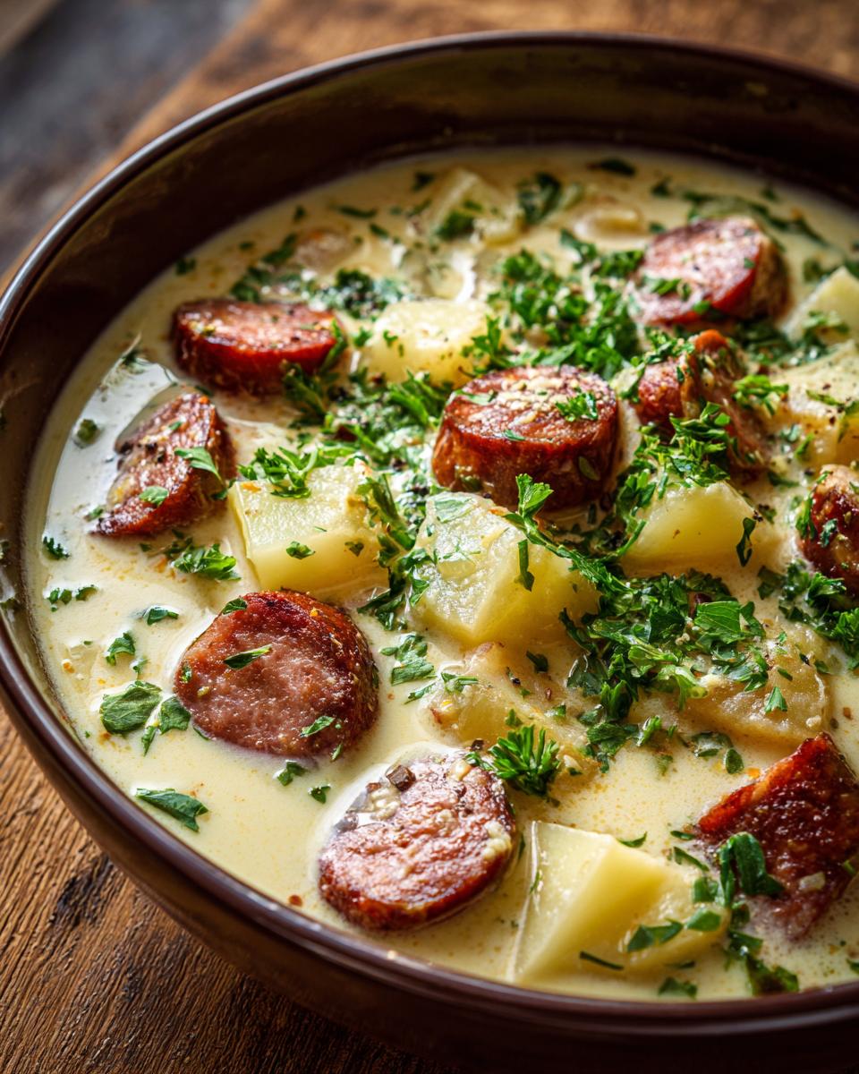 Close-up of creamy kielbasa potato soup featuring chunks of potato and sliced smoked sausage, topped with fresh parsley.