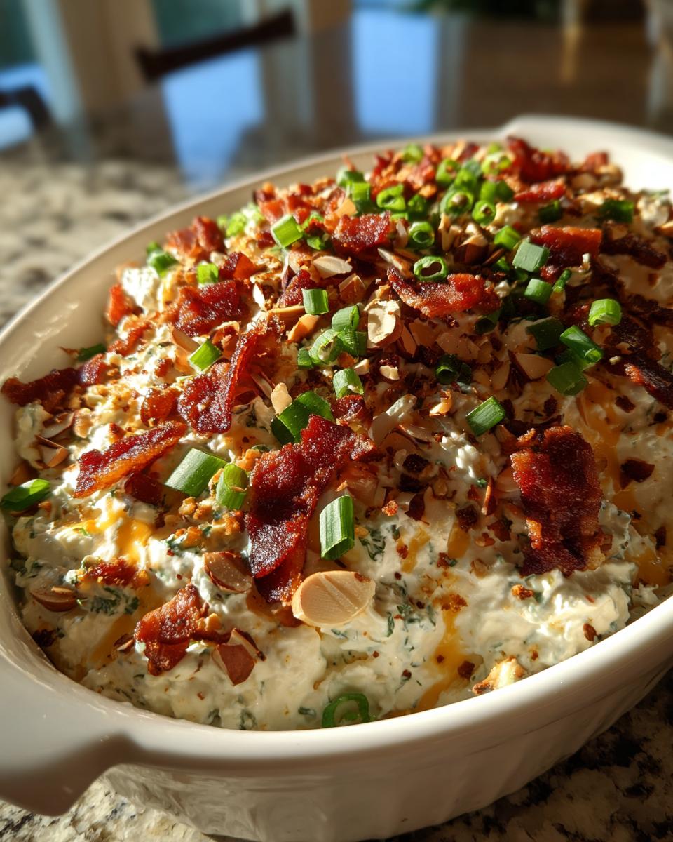 Close-up of a creamy Neiman Marcus dip topped generously with crispy bacon, sliced almonds, and green onions.
