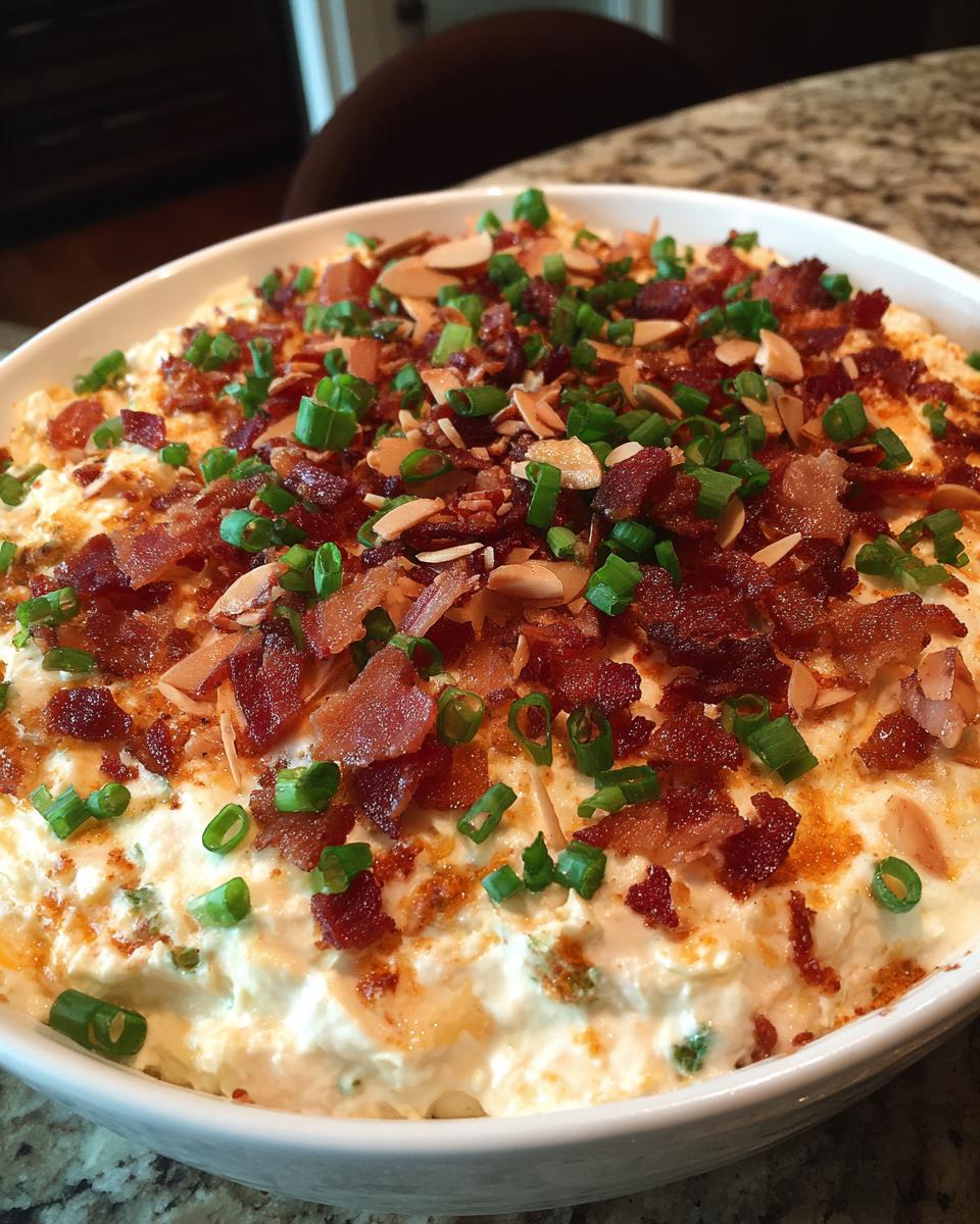 Close-up of creamy Neiman Marcus dip topped generously with bacon bits, sliced almonds, and green onions.