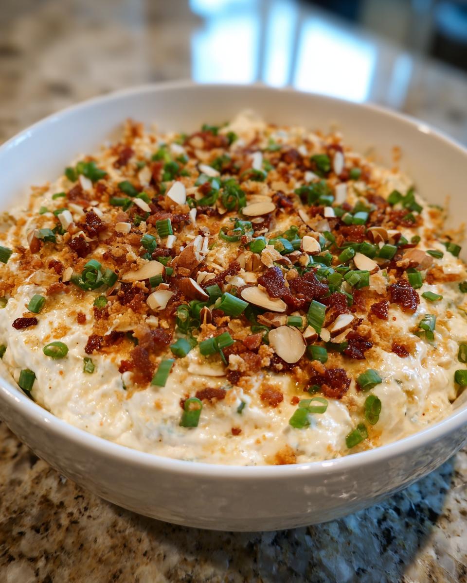 A close-up of the finished Neiman Marcus Dip in a white bowl, topped generously with bacon bits, sliced almonds, and green onions.