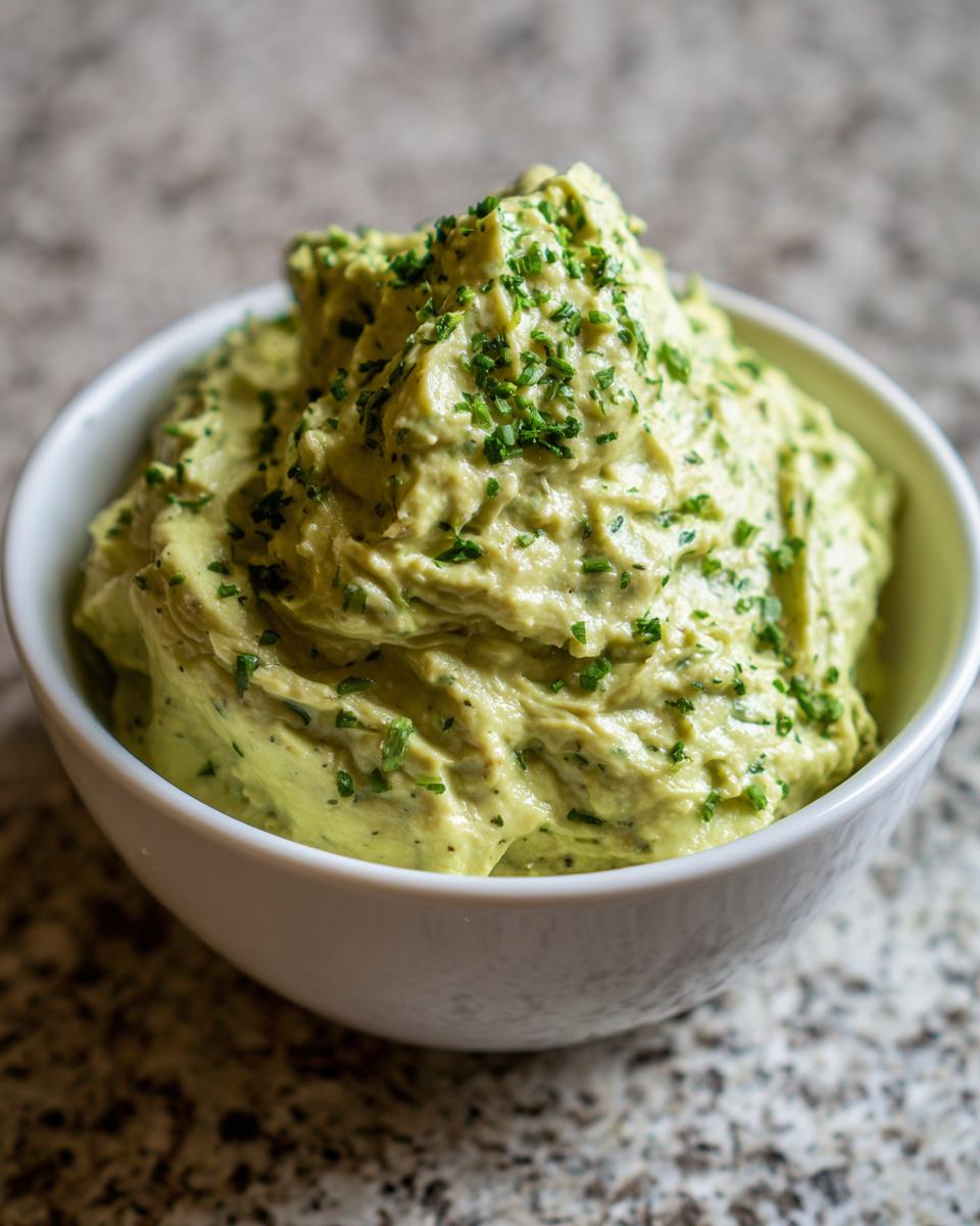 A close-up of a bowl filled with creamy, light green olive dip, garnished generously with chopped fresh herbs.