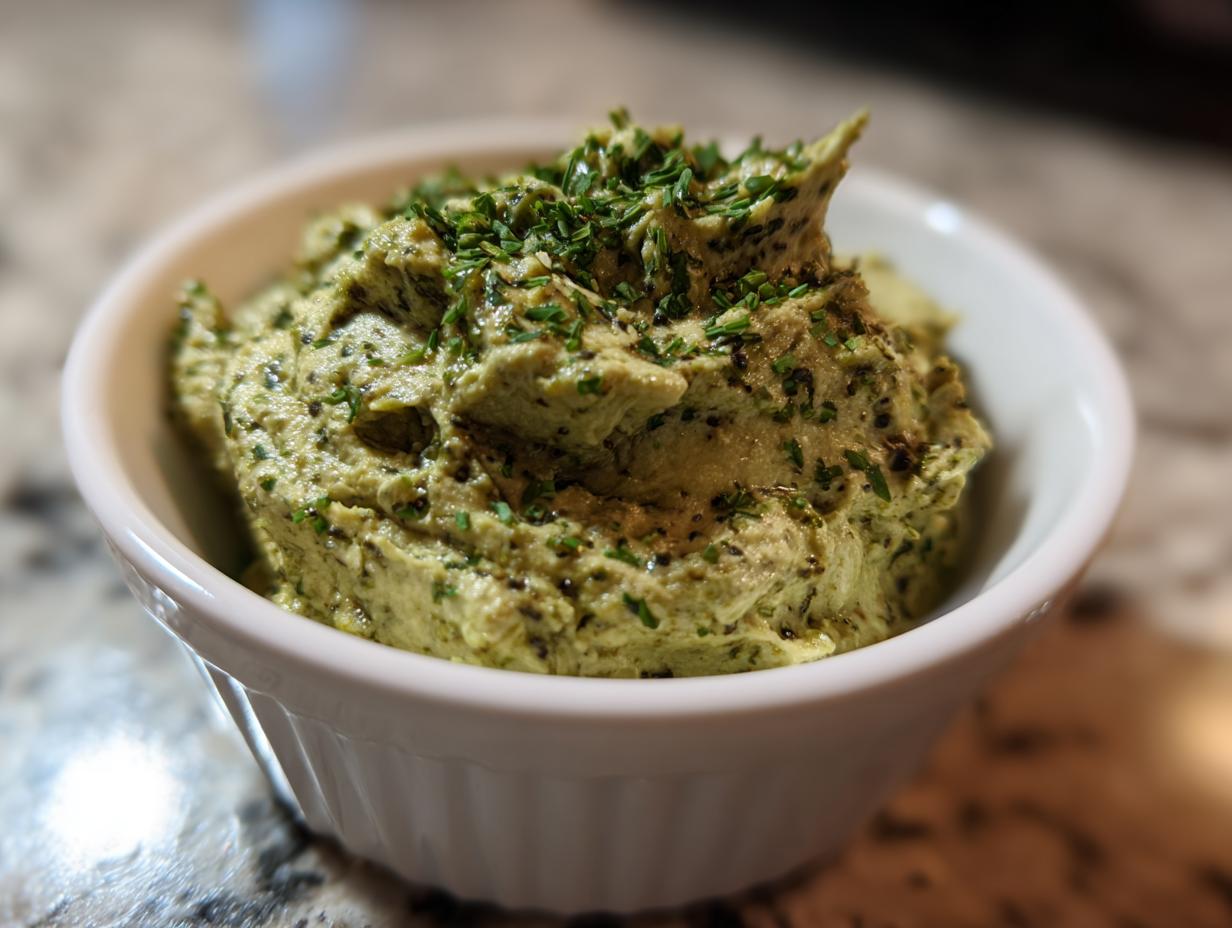 A close-up shot of a creamy, textured green olive dip, garnished with fresh herbs, served in a small white ramekin.