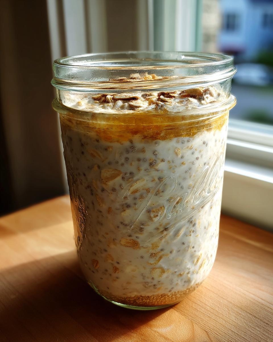 A mason jar filled with creamy overnight oats, chia seeds, and topped with honey and rolled oats.
