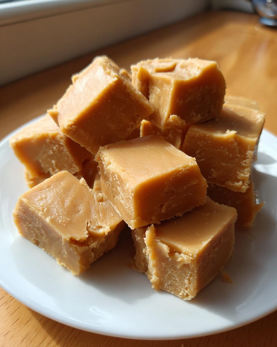 A stack of creamy, golden-brown peanut butter fudge cubes resting on a white plate, catching bright sunlight.