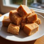 A stack of creamy, golden brown peanut butter fudge squares sitting on a white plate near a window.