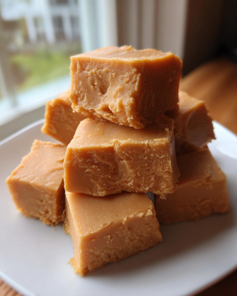 A stack of creamy, light brown peanut butter fudge squares resting on a white plate near a window.