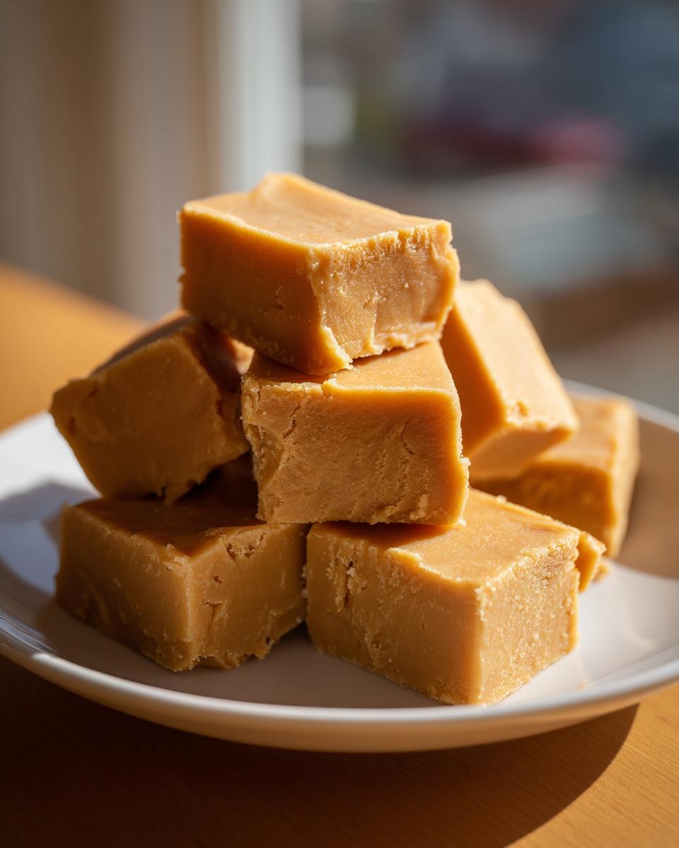 A stack of rich, creamy squares of homemade peanut butter fudge piled on a white plate.