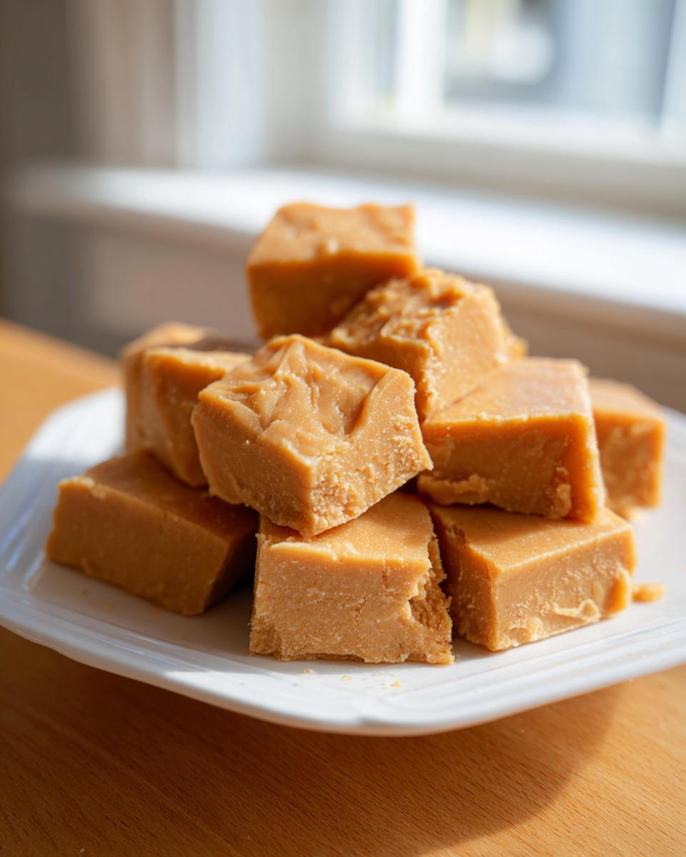 A stack of creamy, light brown peanut butter fudge squares piled on a white plate near a bright window.