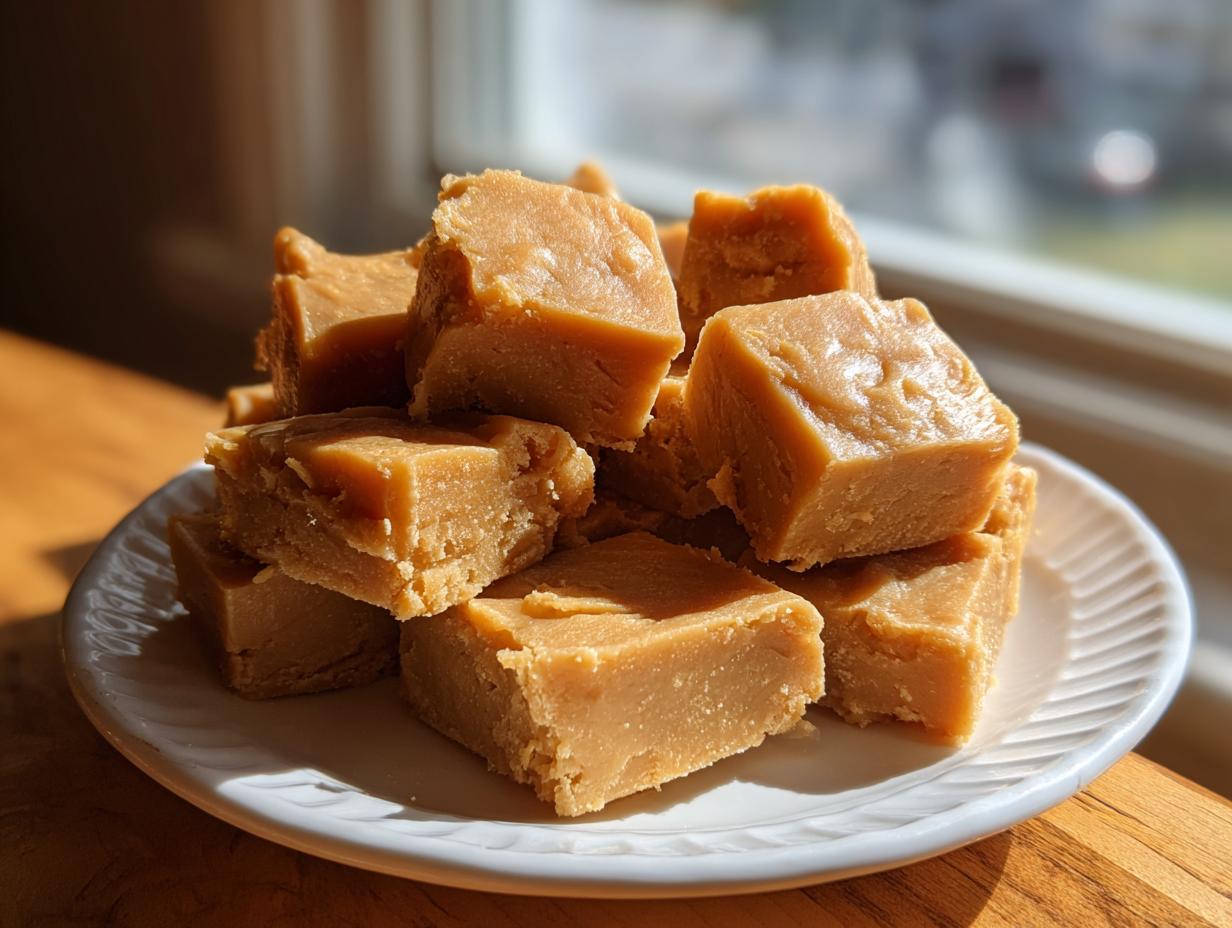A stack of creamy, square-cut peanut butter fudge pieces resting on a white plate near a sunlit window.