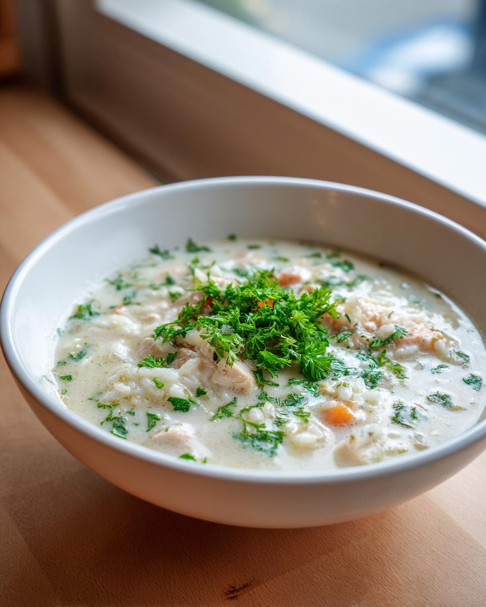 Close-up of a creamy, white rice soup with chunks of chicken and carrots, topped with fresh parsley.