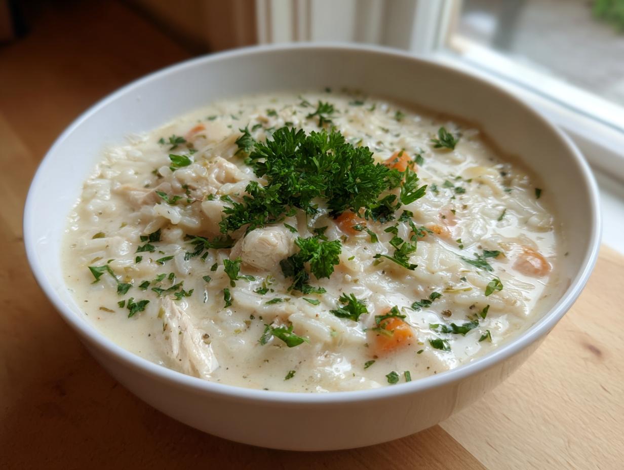 A close-up of a creamy, white rice soup with chunks of chicken and carrots, garnished heavily with fresh parsley.