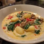 A close-up of creamy sausage gnocchi soup featuring tender gnocchi, crumbled sausage, spinach, and tomatoes in a rich broth.
