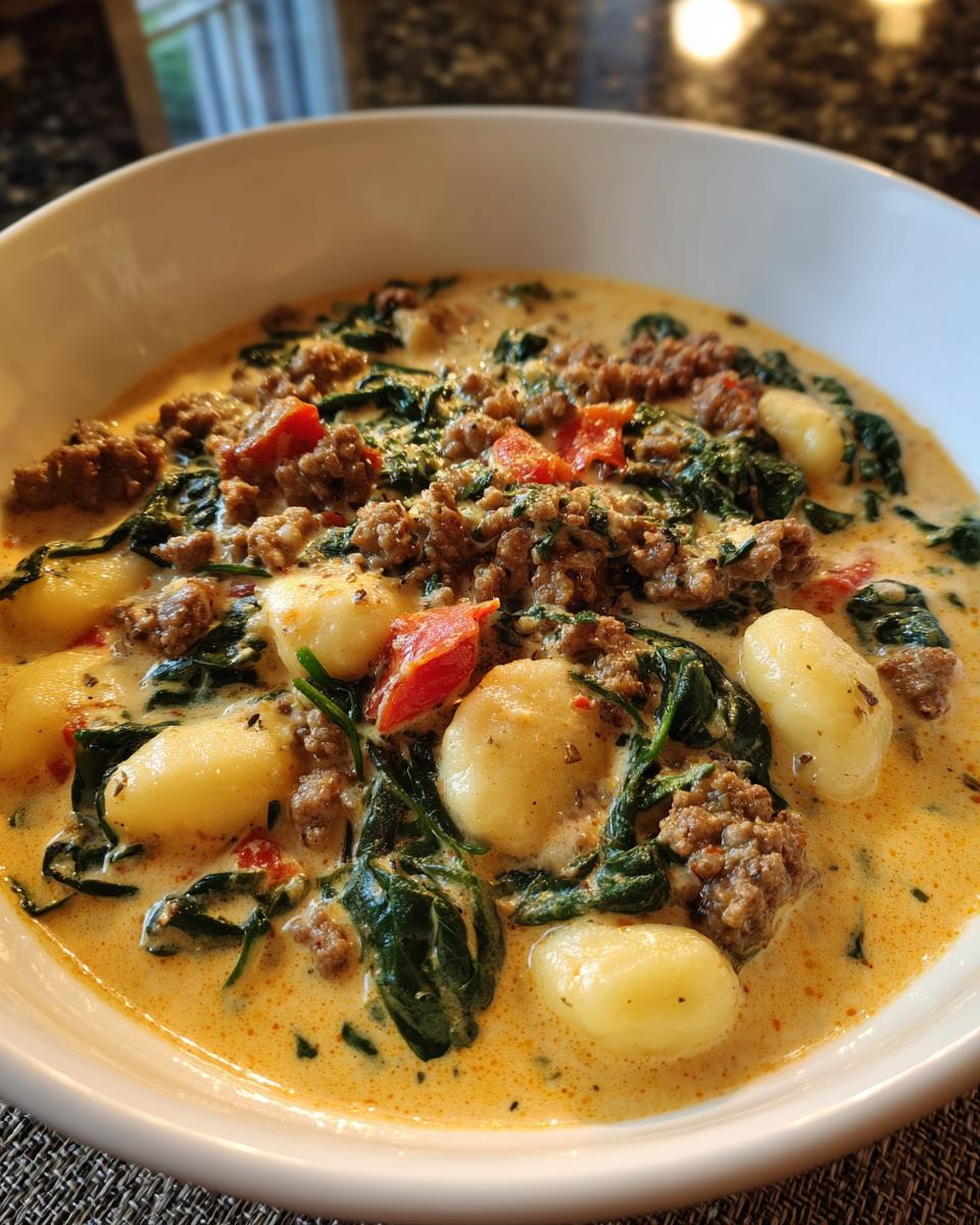 Close-up of creamy sausage gnocchi soup with spinach and tomatoes in a white bowl.