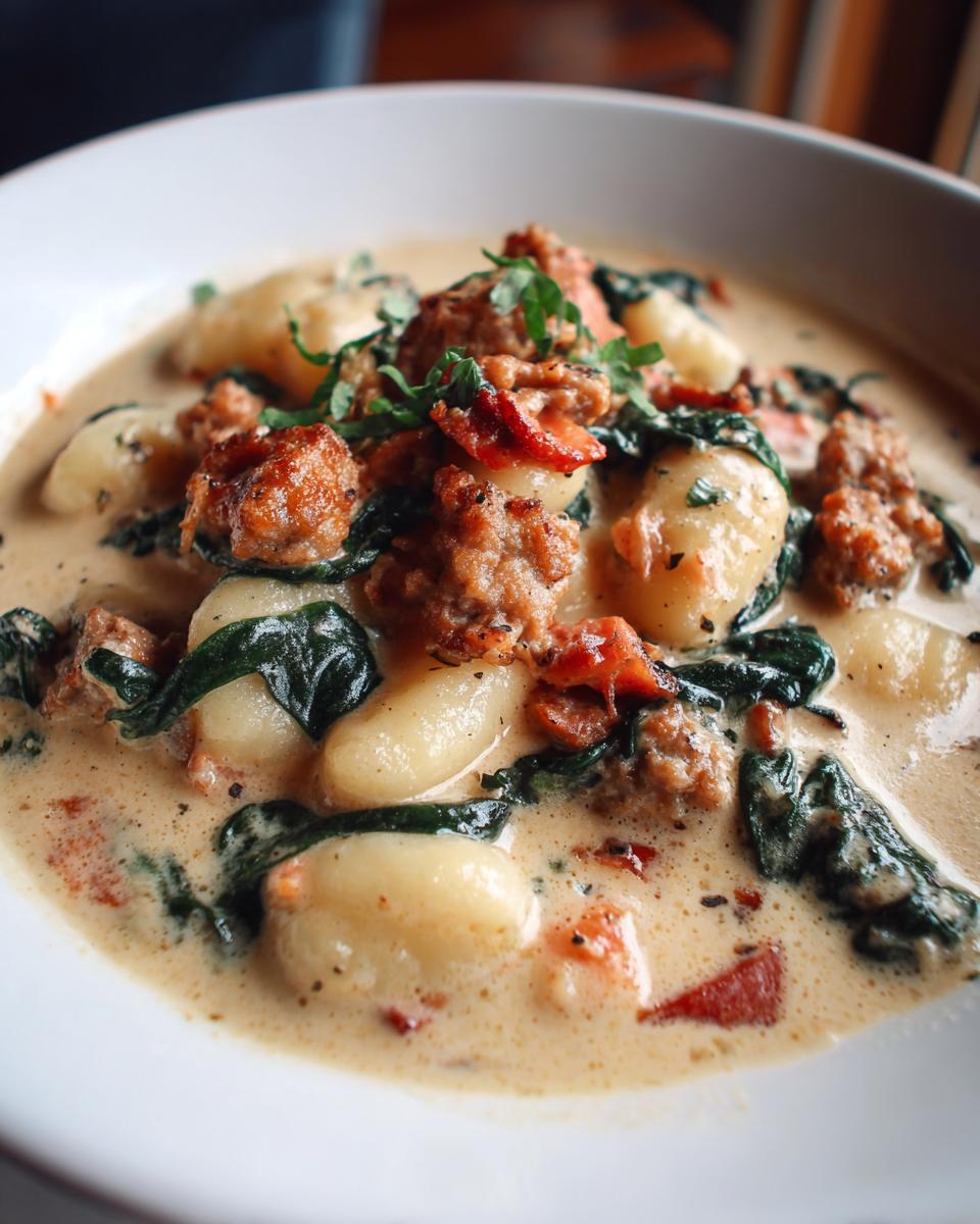 A close-up view of creamy sausage gnocchi soup with spinach and herbs in a white bowl.