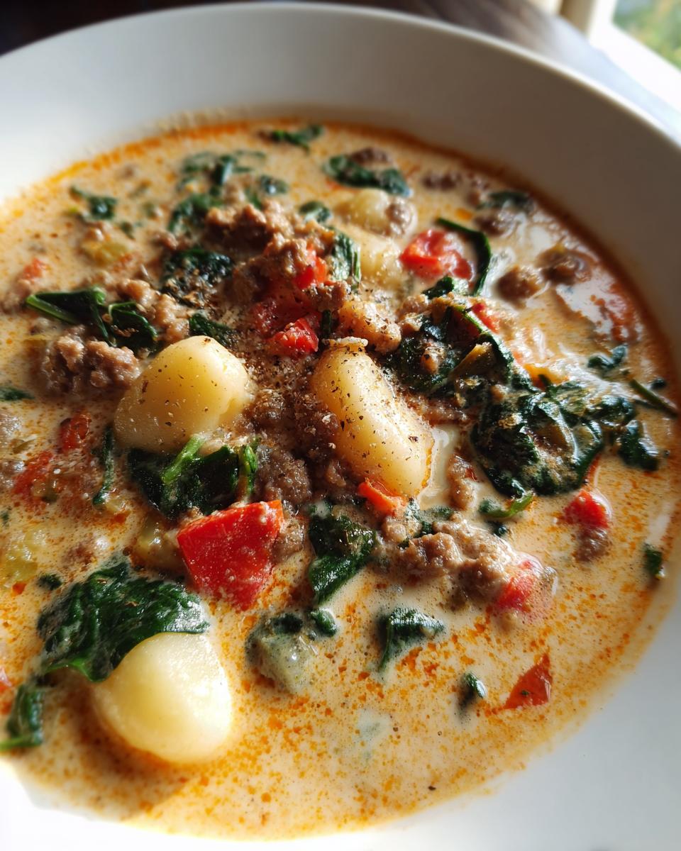 A close-up view of a bowl of creamy sausage gnocchi soup, featuring gnocchi, ground sausage, spinach, and tomatoes.