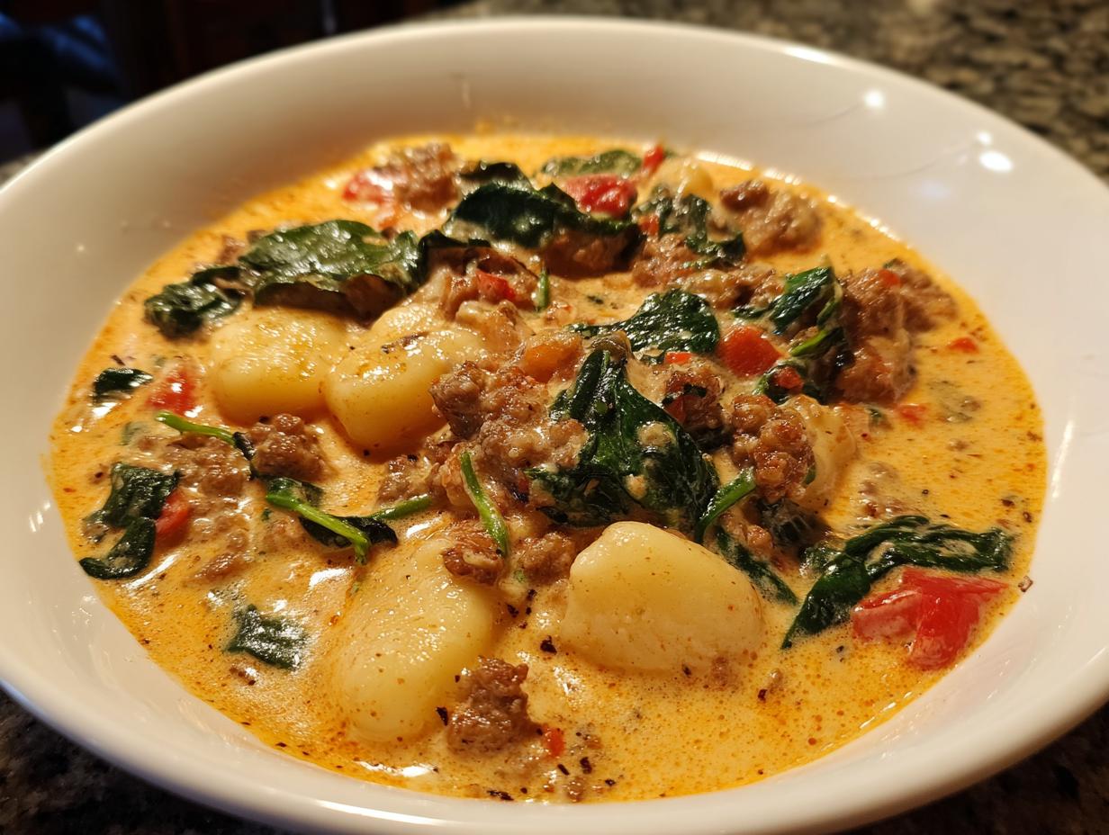 A close-up of creamy sausage gnocchi soup featuring tender gnocchi, crumbled sausage, spinach, and tomatoes.
