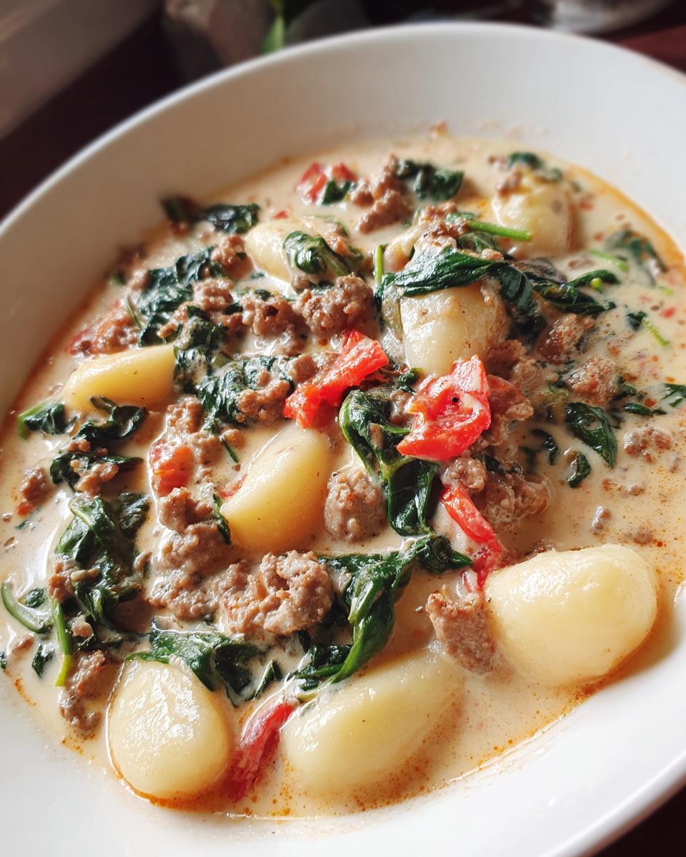 Close-up of creamy sausage gnocchi soup featuring plump gnocchi, crumbled sausage, spinach, and red peppers.