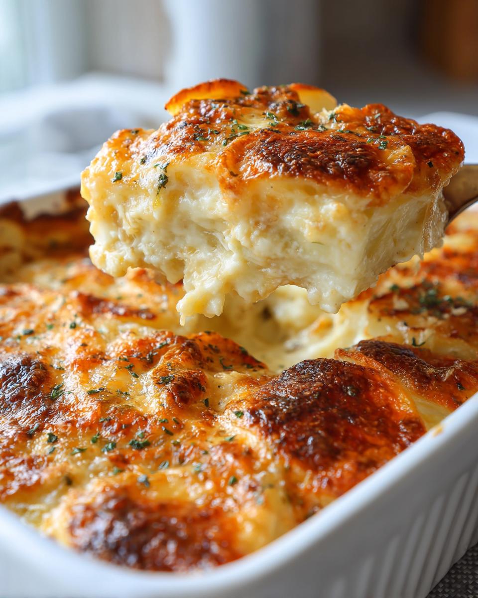 A spoonful of creamy, cheesy scalloped potatoes recipe being lifted from a white baking dish.