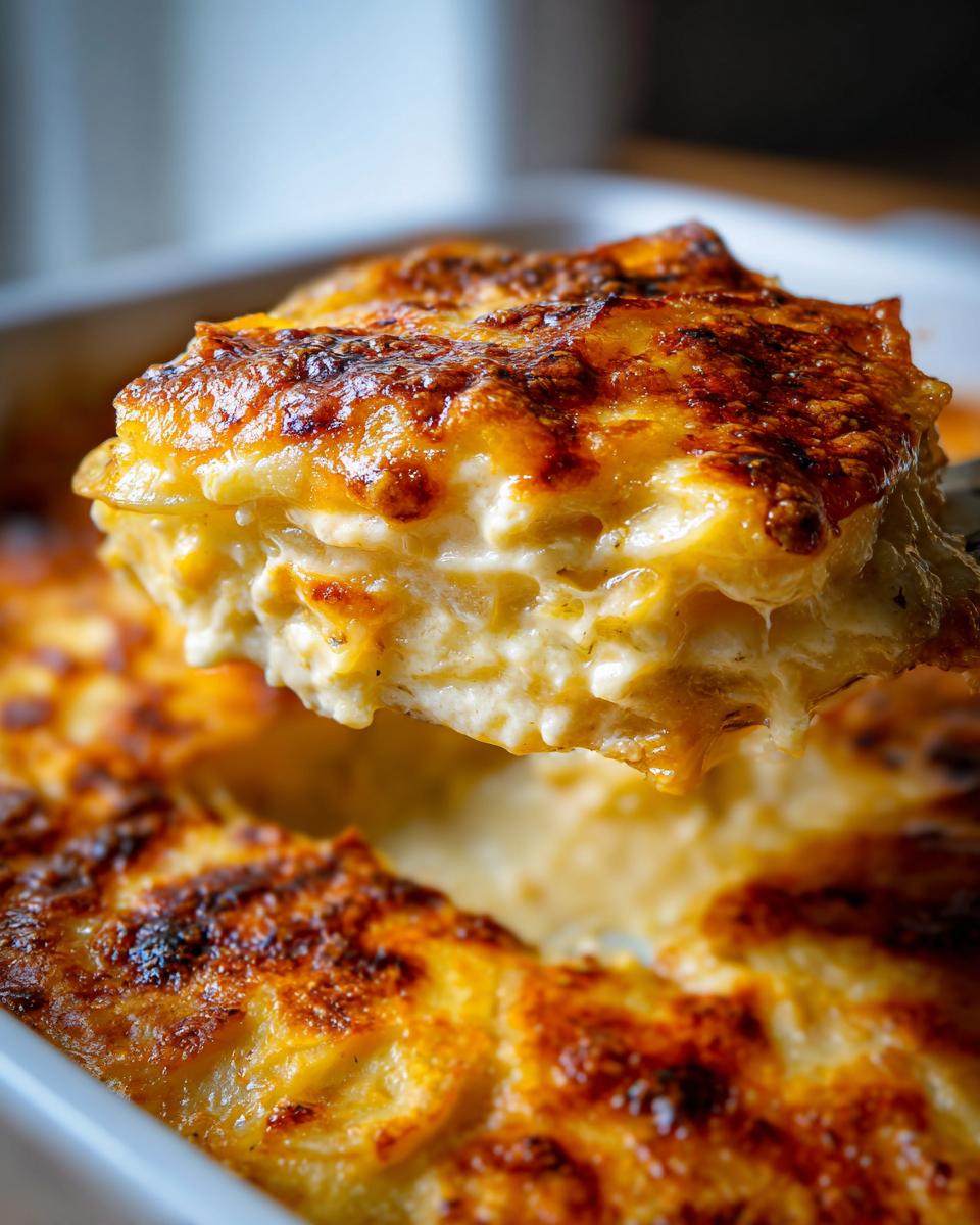 A close-up of a rich, creamy slice being lifted from a baking dish of scalloped potatoes recipe.