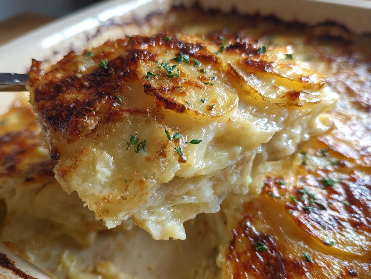Close-up of a rich, creamy slice being lifted from a baking dish of amazing scalloped potatoes recipe.