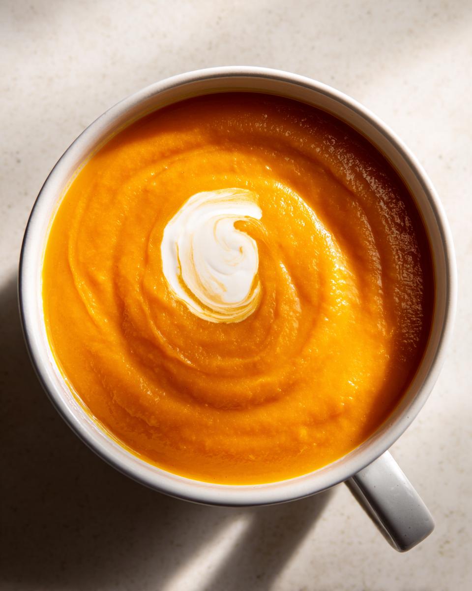 Overhead view of vibrant orange squash soup topped with a swirl of cream in a light gray bowl.