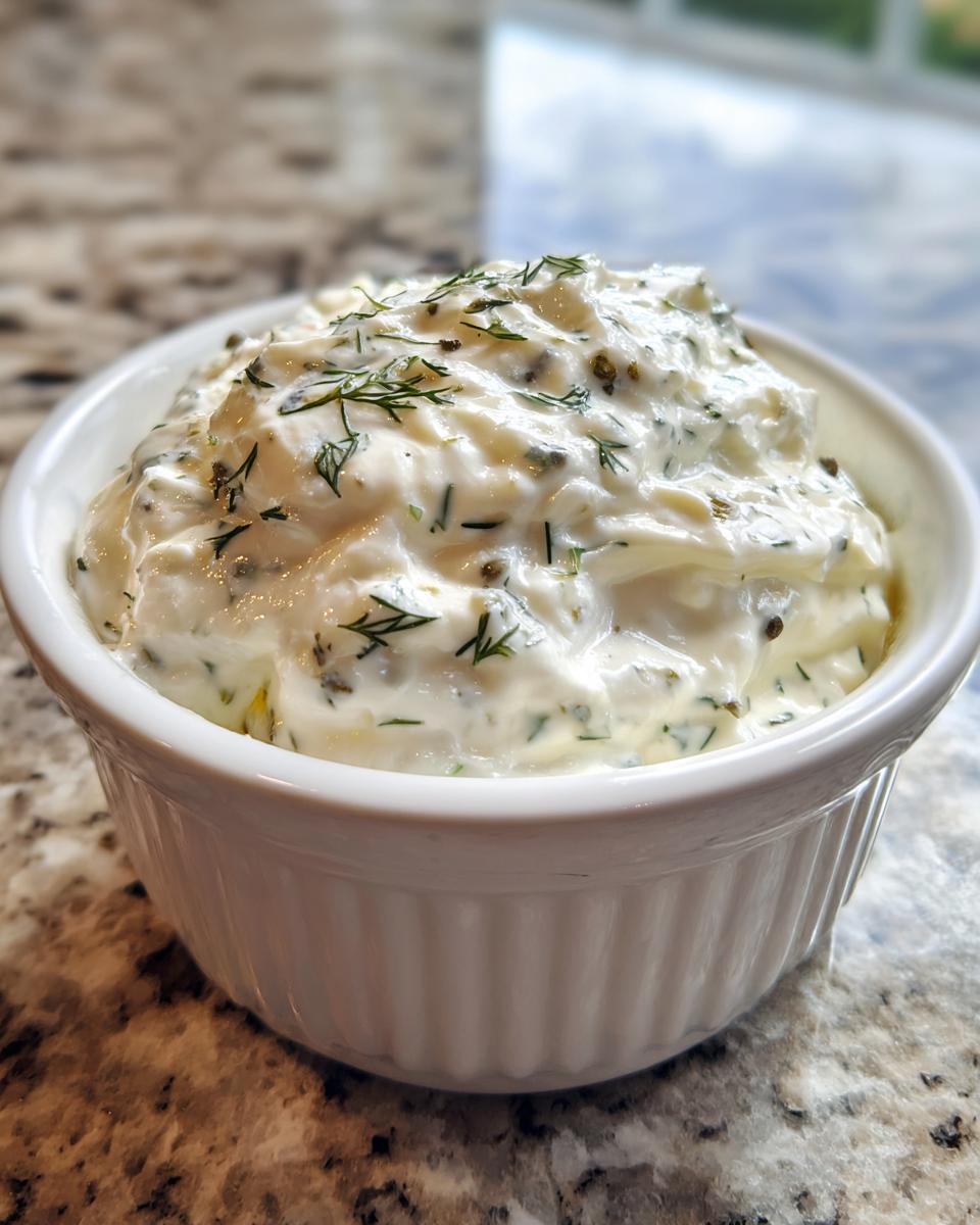 Close-up of creamy tartar sauce topped with fresh dill and capers in a white fluted bowl.