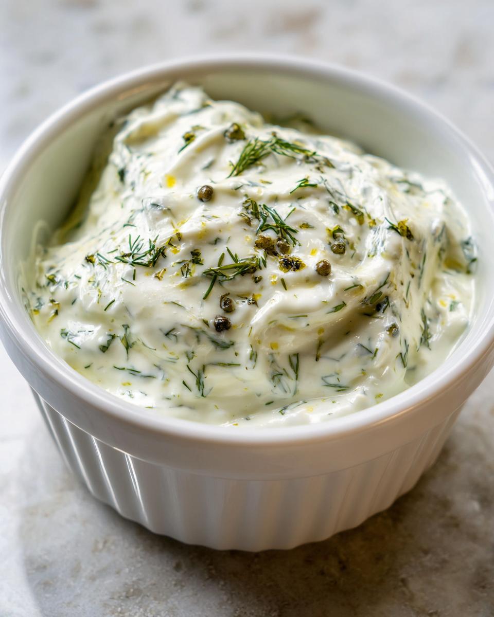 Close-up of creamy tartar sauce topped with fresh dill and capers in a white ramekin.