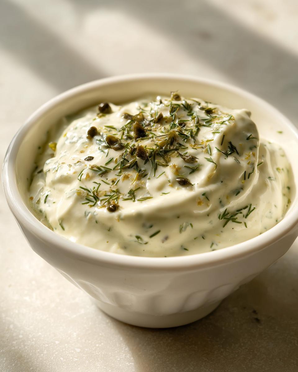 Close-up of creamy tartar sauce topped with chopped dill and capers in a small white bowl.