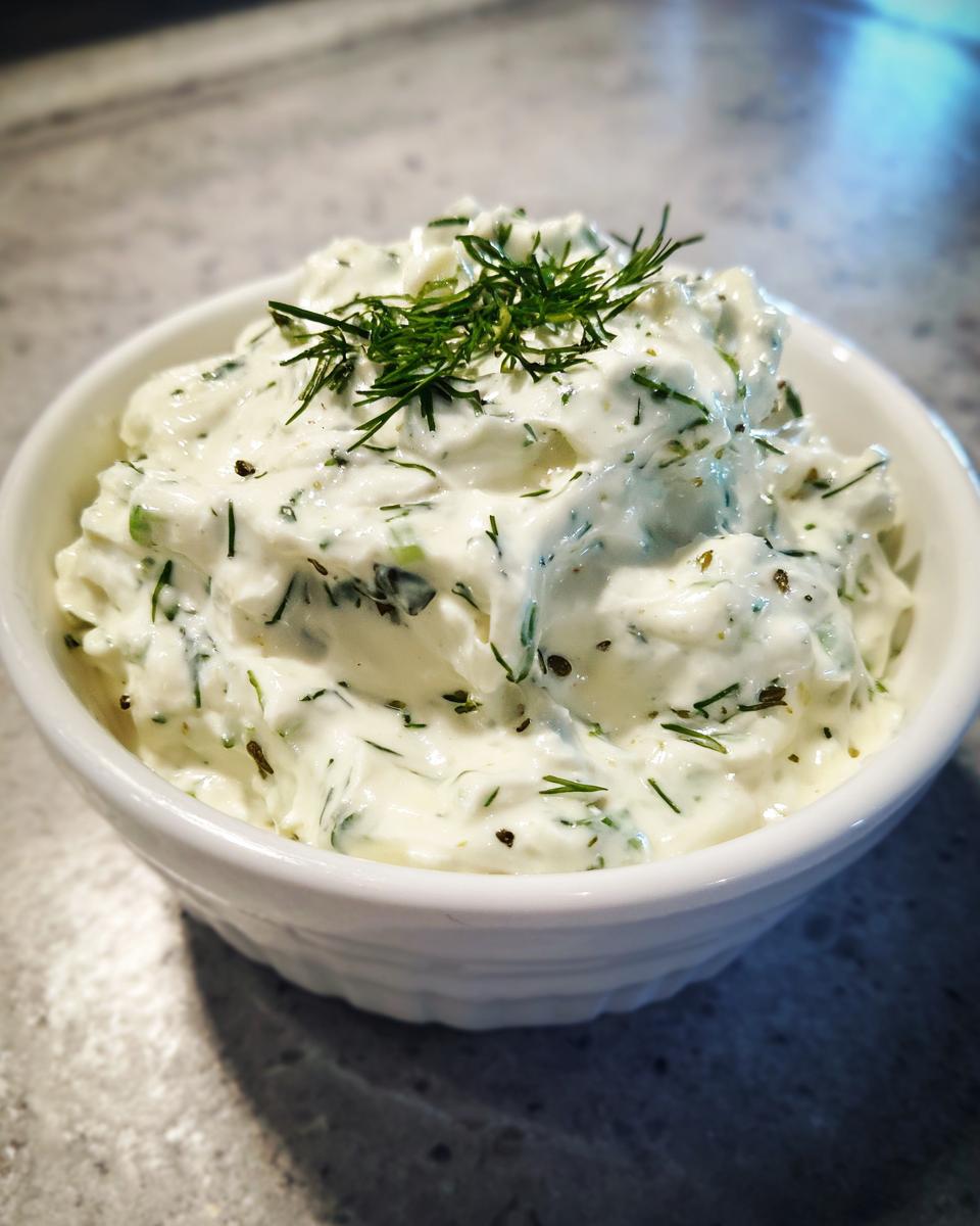 Close-up of creamy tartar sauce mixed with herbs, served in a white bowl and topped with fresh dill.