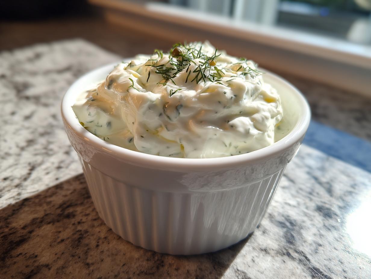 A close-up of creamy homemade tartar sauce, garnished with fresh dill, served in a white fluted ramekin.
