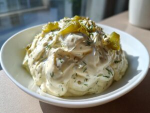 A close-up of a generous serving of creamy homemade tartar sauce recipe, topped with chopped pickles and fresh dill, in a white bowl.