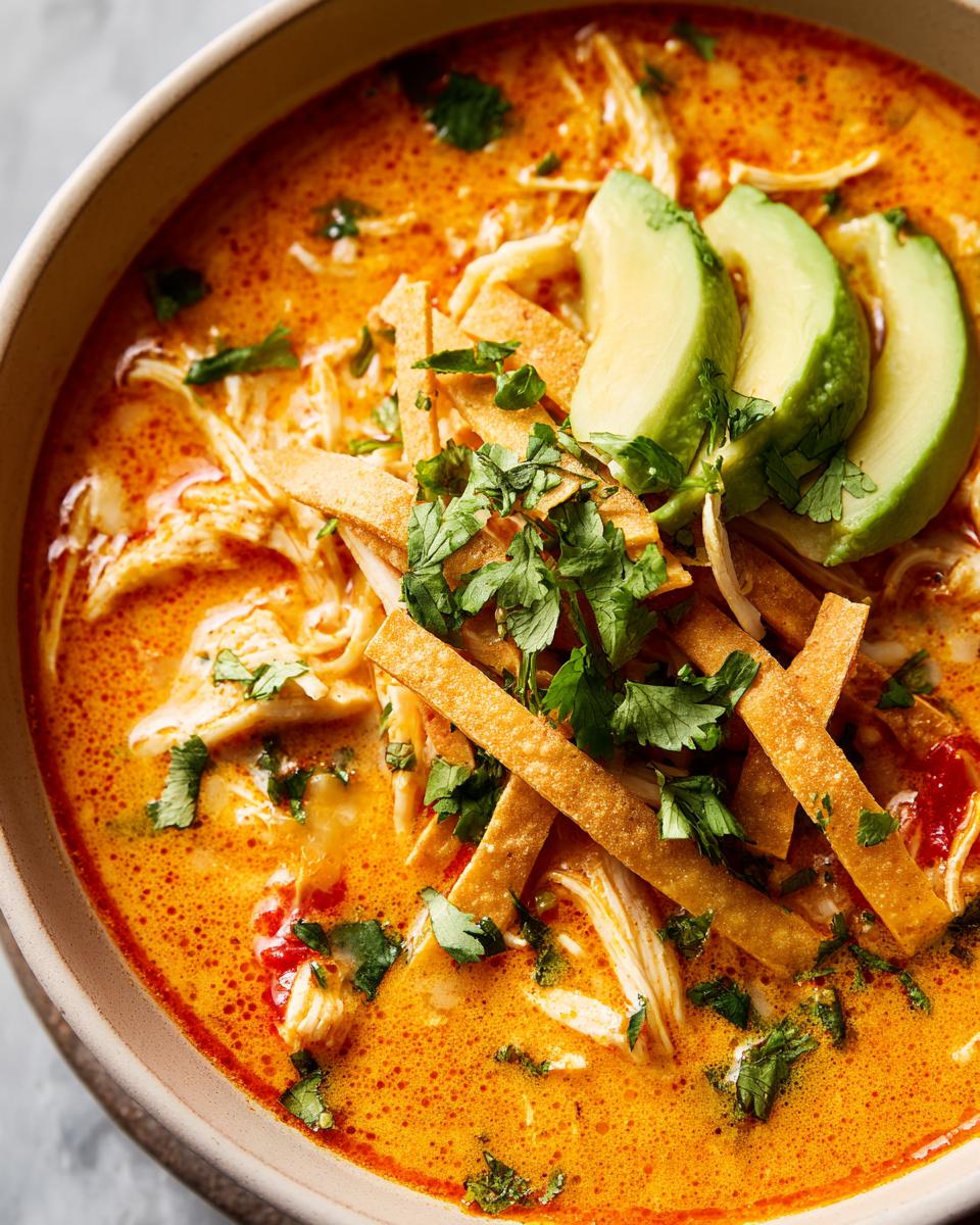 Close-up of a bowl of rich, orange tortilla soup recipe filled with shredded chicken, topped with crispy tortilla strips, avocado slices, and cilantro.