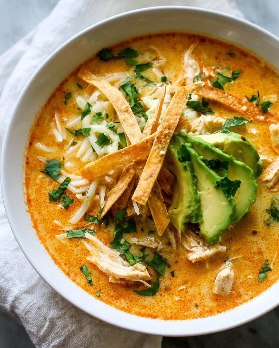 A close-up overhead view of a bowl of creamy tortilla soup recipe, garnished with shredded cheese, avocado slices, and crispy tortilla strips.