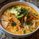 Close-up of a creamy bowl of chicken tortilla soup recipe, topped with crispy tortilla strips, avocado, and cilantro.