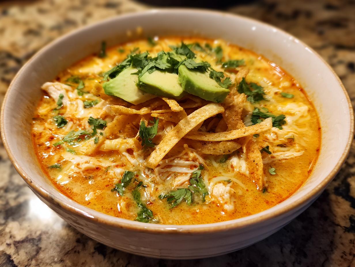 A close-up of a creamy, orange-hued bowl of chicken tortilla soup recipe, topped with avocado, cilantro, and crispy tortilla strips.