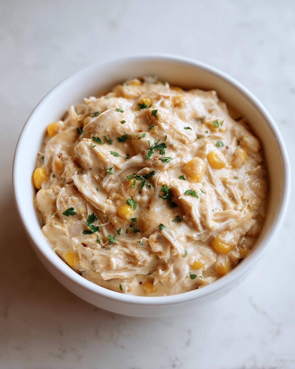 A close-up of a white bowl filled with rich, creamy white chicken chili featuring shredded chicken and yellow corn kernels, topped with parsley.
