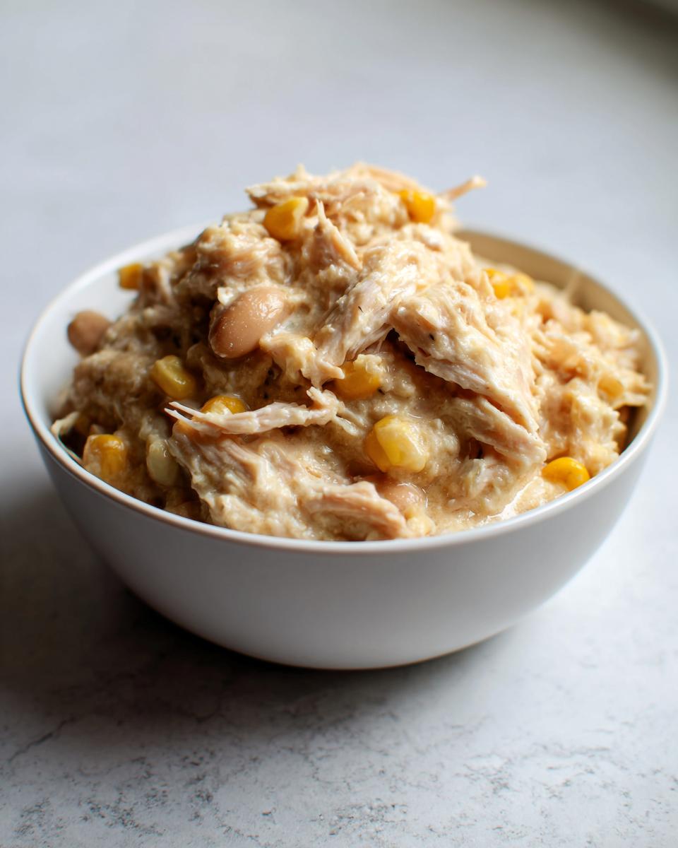 A close-up of a white bowl filled with thick, creamy white chicken chili featuring shredded chicken, white beans, and corn kernels.