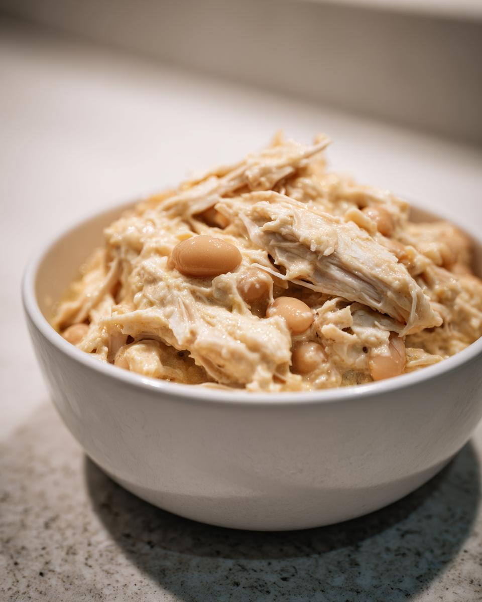 Close-up of a white bowl filled with rich, creamy white chicken chili featuring shredded chicken and white beans.
